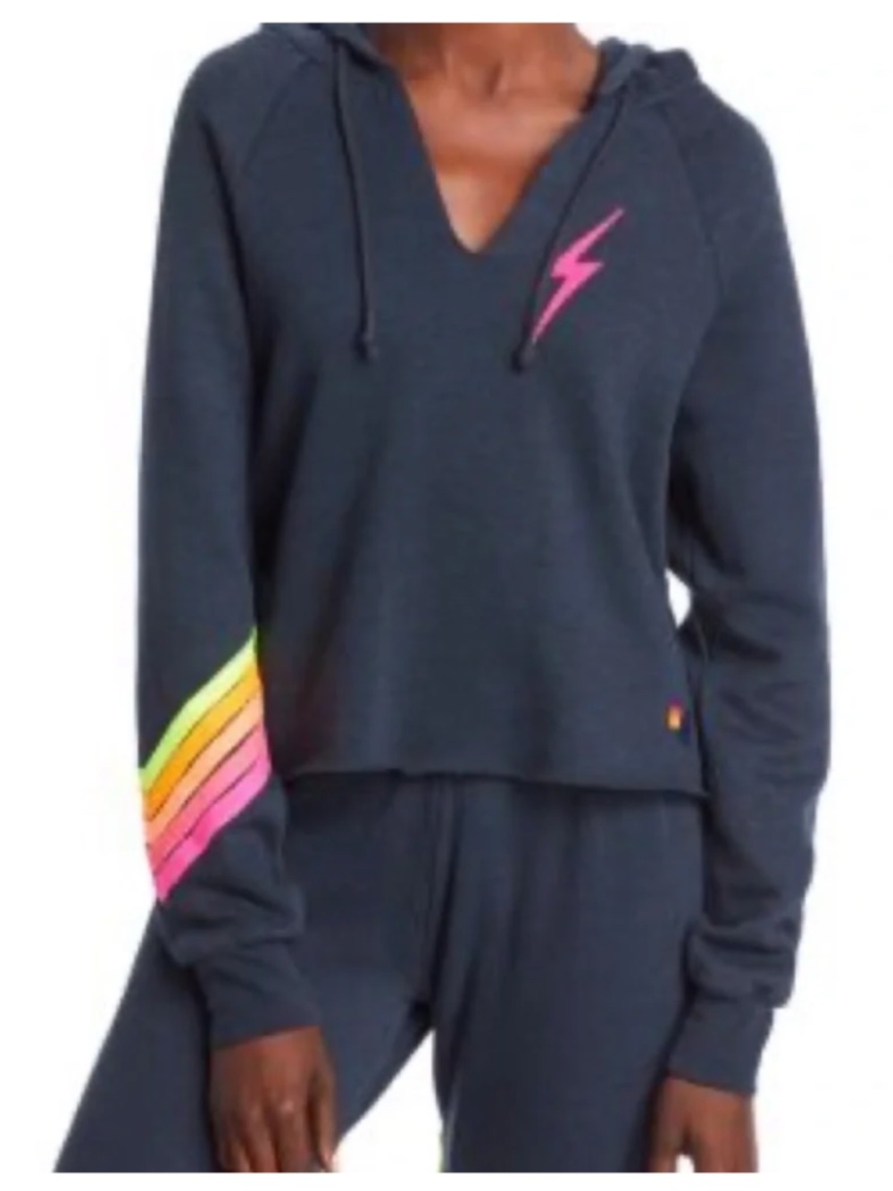 Aviator Nation Charcoal Neon Stripe Bolt Cropped Hoodie, Size M